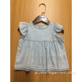 denim bordado hem blusa casual manga blusa meninas